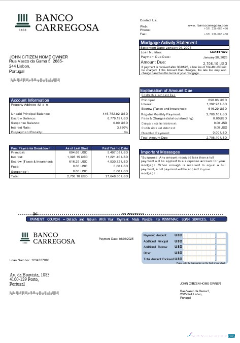 Download Portugal Banco Carregosa mortgage statement in Word and PDF formats Photoshop template